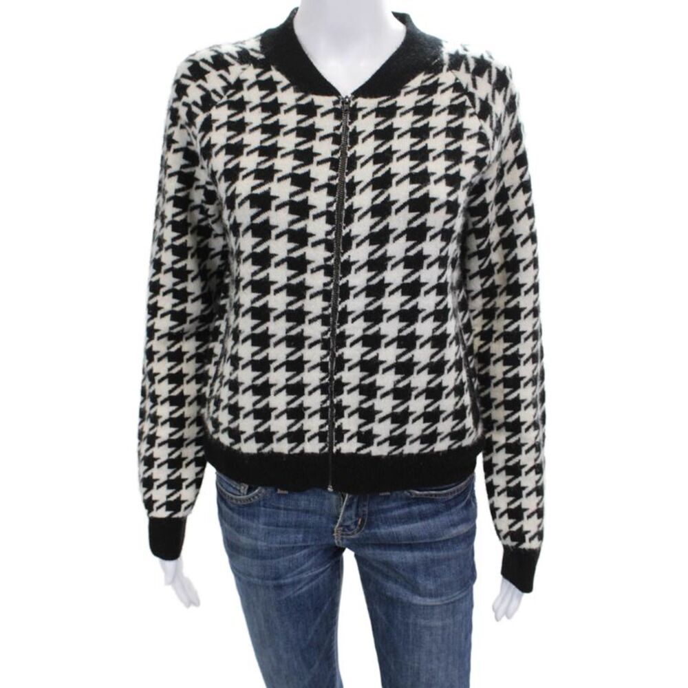 Madeleine Thompson Womens Bomber Jacket Black Wool Cashmere Zip Check Size S